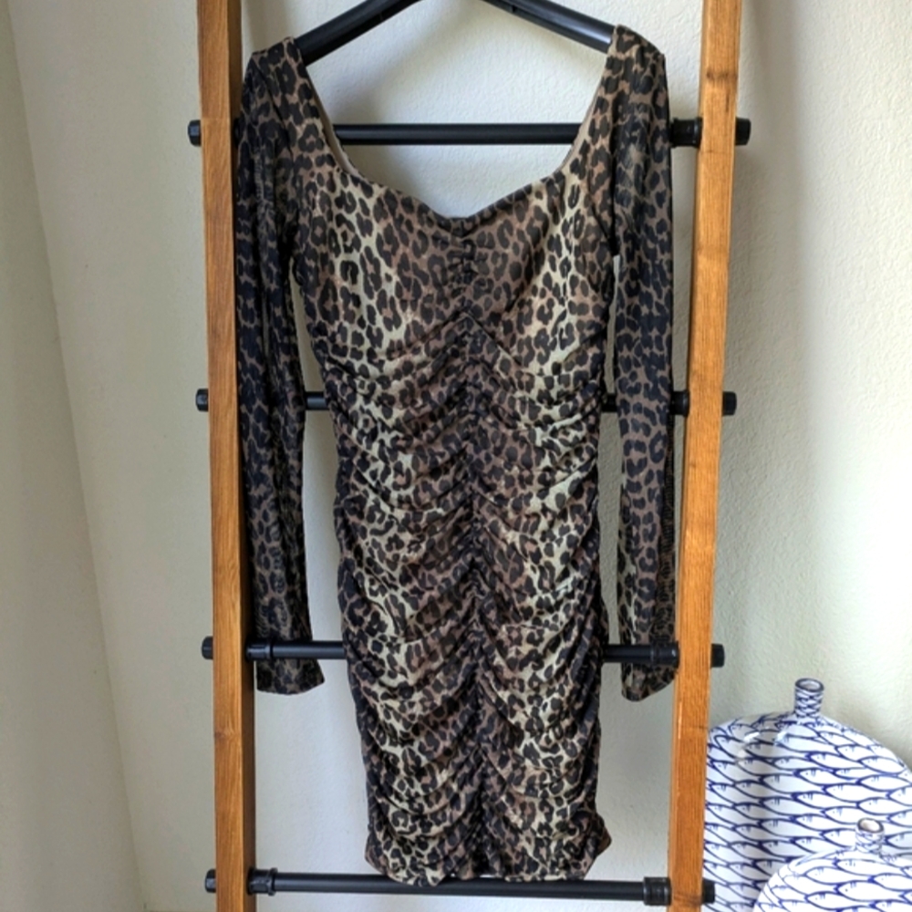 Guess Leopard Print Long Sleeve Bodycon Dress - Size S